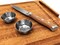Yukon Glory Premium 100% Acacia Steak Board with Juice Groove, Steak Knife, and Condiment Cups